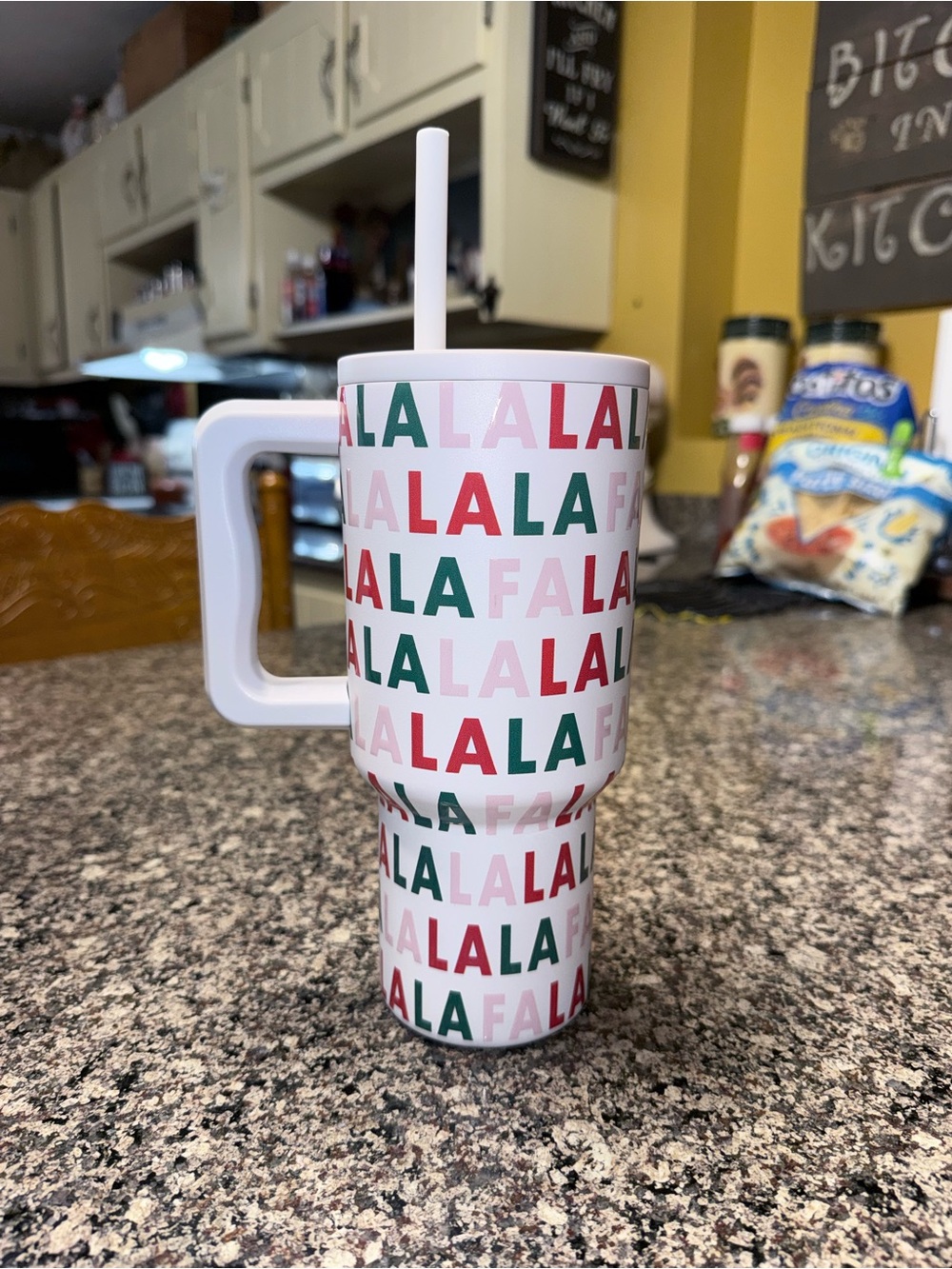 FA LA LA White Holiday Travel Tumbler with Handle